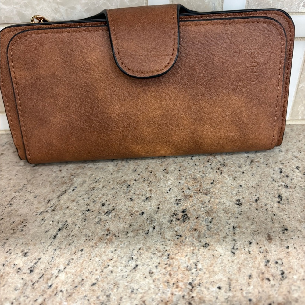 Women's Tan Zip-Around Wallet Clutch with Snap Strap